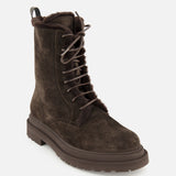 A single Shearling Lined Lace Boot with Monili Tabs by BRUNELLO CUCINELLI in dark chocolate brown suede, featuring a chunky sole and plush fur lining, is displayed on a plain white background.