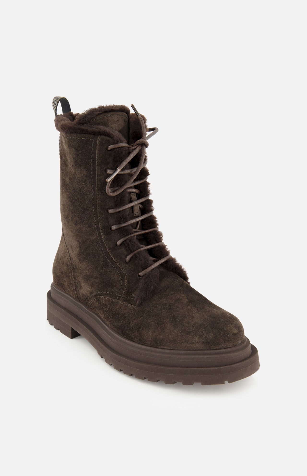 A single Shearling Lined Lace Boot with Monili Tabs by BRUNELLO CUCINELLI in dark chocolate brown suede, featuring a chunky sole and plush fur lining, is displayed on a plain white background.