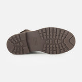Brown rubber sole with a deep, rugged tread pattern, shown from the bottom against a plain white background—perfect for the BRUNELLO CUCINELLI Shearling Lined Lace Boot with Monili Tabs.