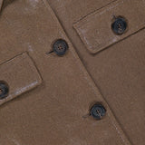 Close-up of the BRUNELLO CUCINELLI Shiny Bull Linen Button Front Jacket, showing black buttons, flap pockets, intricate stitching, and a subtle lamé sheen that highlights the textured fabric.