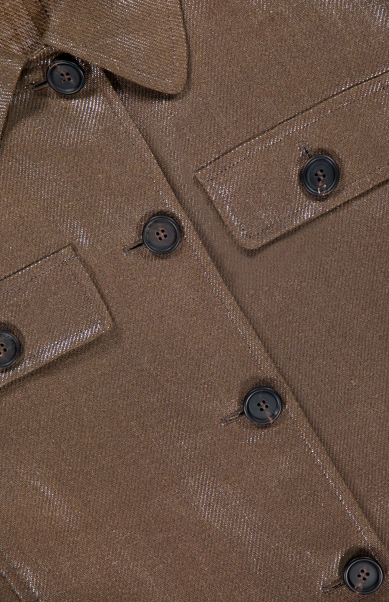 Close-up of the BRUNELLO CUCINELLI Shiny Bull Linen Button Front Jacket, showing black buttons, flap pockets, intricate stitching, and a subtle lamé sheen that highlights the textured fabric.