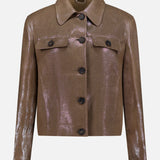 The Shiny Bull Linen Button Front Jacket by BRUNELLO CUCINELLI features a light brown shimmer with lamé thread, a collar, long sleeves, flap chest pockets, and five black buttons down the front.