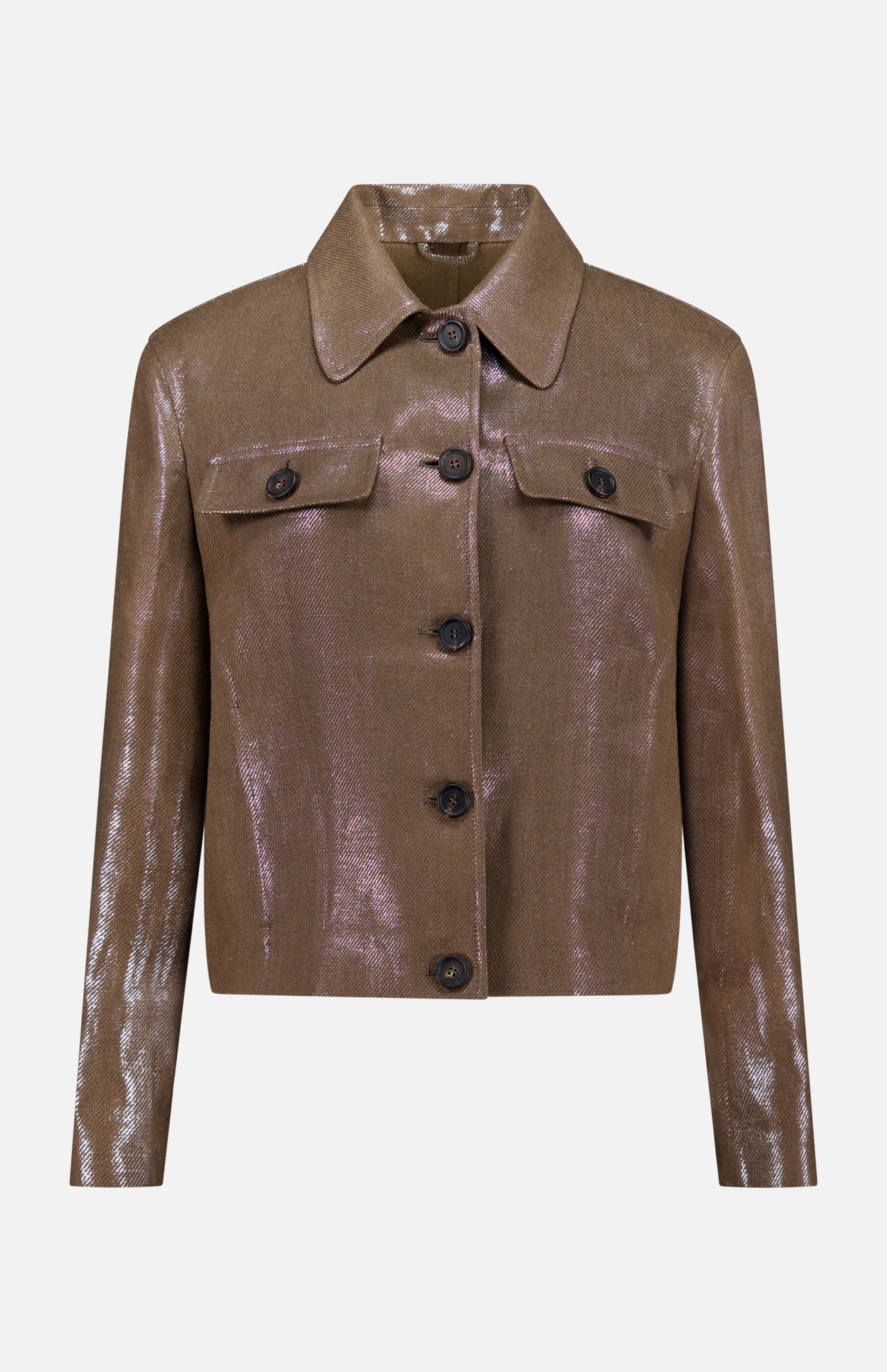 The Shiny Bull Linen Button Front Jacket by BRUNELLO CUCINELLI features a light brown shimmer with lamé thread, a collar, long sleeves, flap chest pockets, and five black buttons down the front.