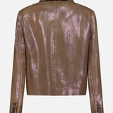 The Shiny Bull Linen Button Front Jacket by BRUNELLO CUCINELLI is a metallic brown cropped blazer with iridescent sheen, long sleeves, cuff buttons, and a notched collar, shown from the back against a white background.