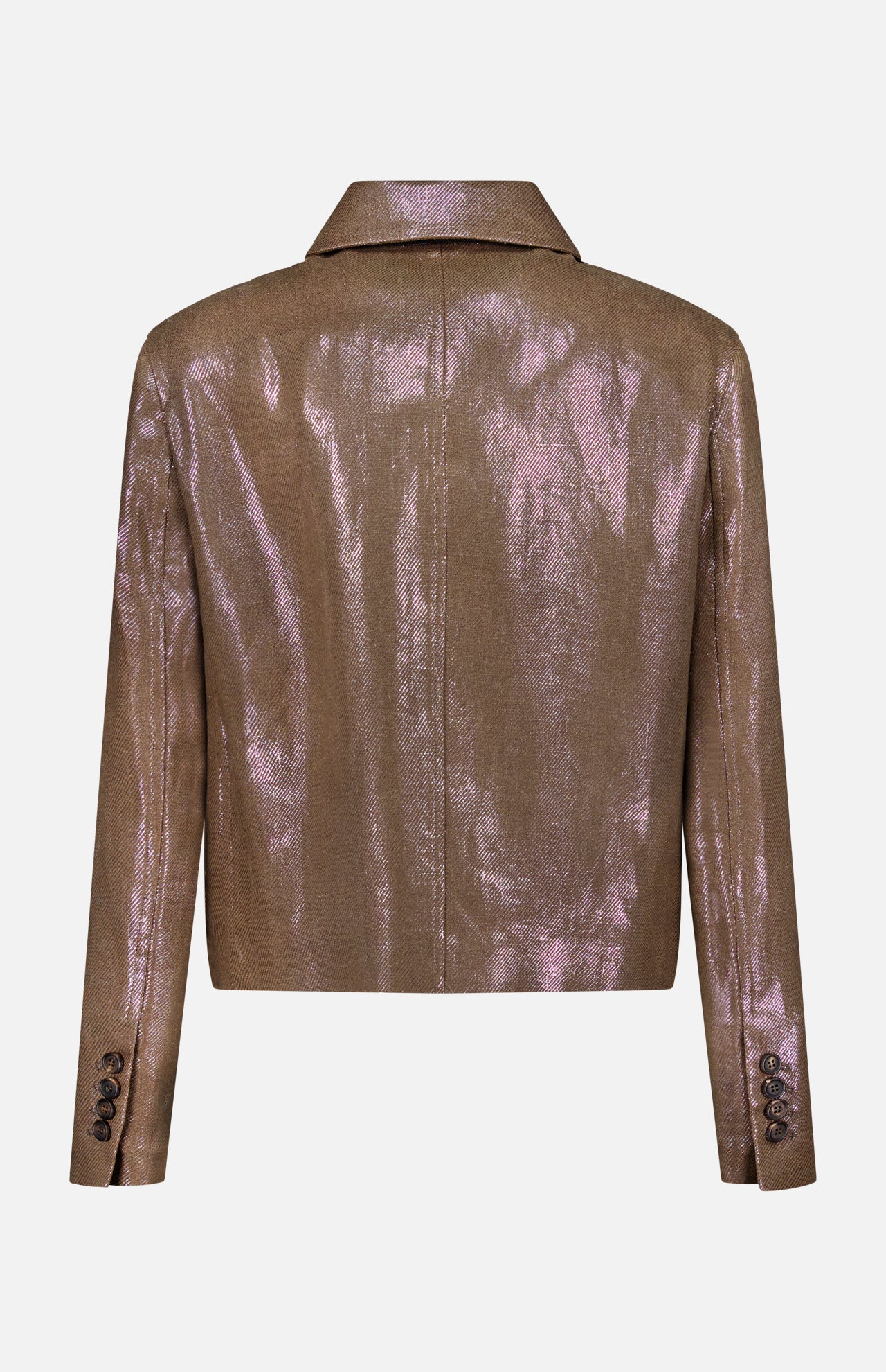 The Shiny Bull Linen Button Front Jacket by BRUNELLO CUCINELLI is a metallic brown cropped blazer with iridescent sheen, long sleeves, cuff buttons, and a notched collar, shown from the back against a white background.