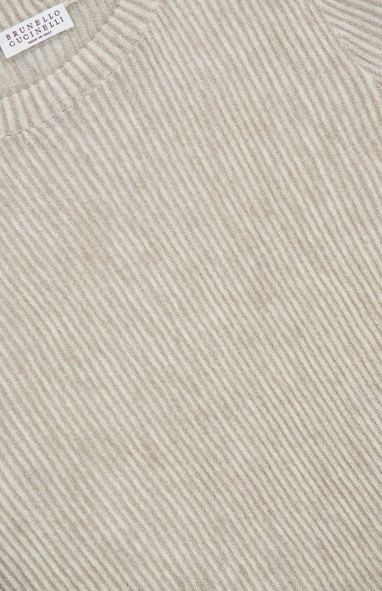 Beige and cream Silk Knitted Lace Long Sleeve Shirt by BRUNELLO CUCINELLI, featuring a visible brand label at the neckline and shown laid flat. Expertly made in Italy, this piece combines elegance with exceptional comfort.