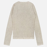 BRUNELLO CUCINELLI Silk Knitted Lace Long Sleeve Shirt in beige, featuring a ribbed knit texture, expertly crafted from luxurious silk alpaca wool. Shown laid flat on a white background with the back facing up and no visible logos or patterns. Made in Italy.