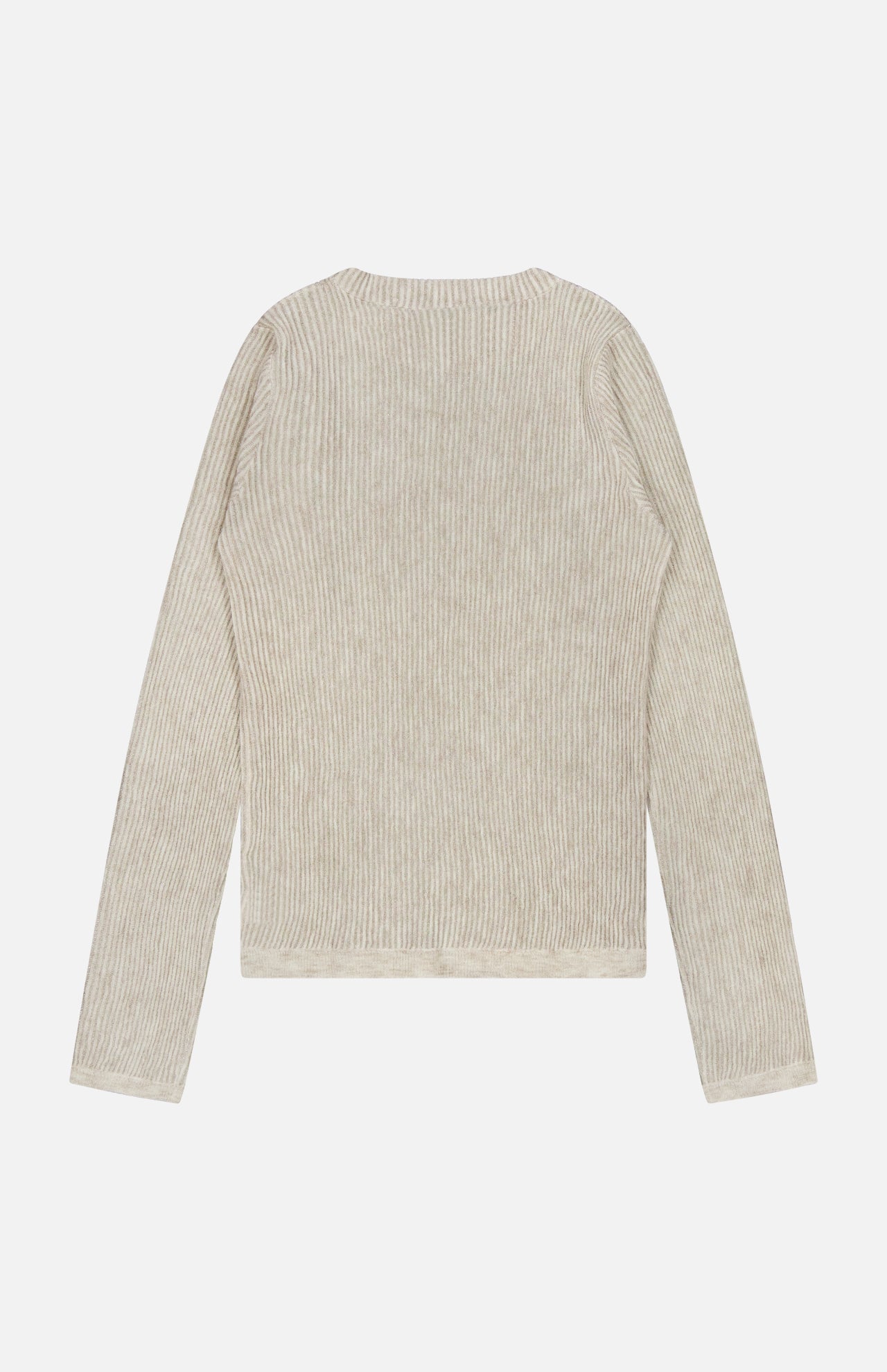 BRUNELLO CUCINELLI Silk Knitted Lace Long Sleeve Shirt in beige, featuring a ribbed knit texture, expertly crafted from luxurious silk alpaca wool. Shown laid flat on a white background with the back facing up and no visible logos or patterns. Made in Italy.