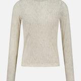The Silk Knitted Lace Long Sleeve Shirt by BRUNELLO CUCINELLI is a fitted, long-sleeve top crafted in Italy from a luxurious blend of silk and alpaca wool. Displayed against a plain white background, this beige shirt features ribbed knit construction and a crew neckline, with no visible buttons or patterns to showcase its refined simplicity.