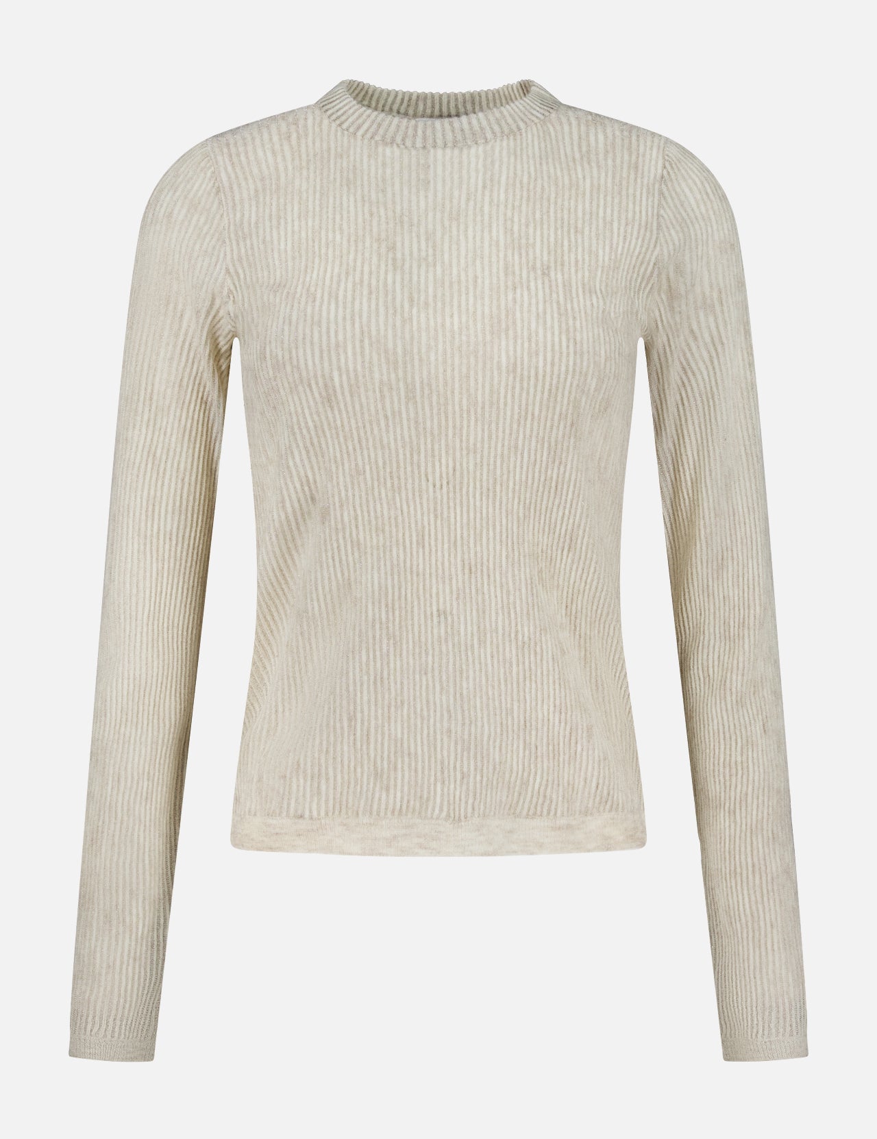 The Silk Knitted Lace Long Sleeve Shirt by BRUNELLO CUCINELLI is a fitted, long-sleeve top crafted in Italy from a luxurious blend of silk and alpaca wool. Displayed against a plain white background, this beige shirt features ribbed knit construction and a crew neckline, with no visible buttons or patterns to showcase its refined simplicity.
