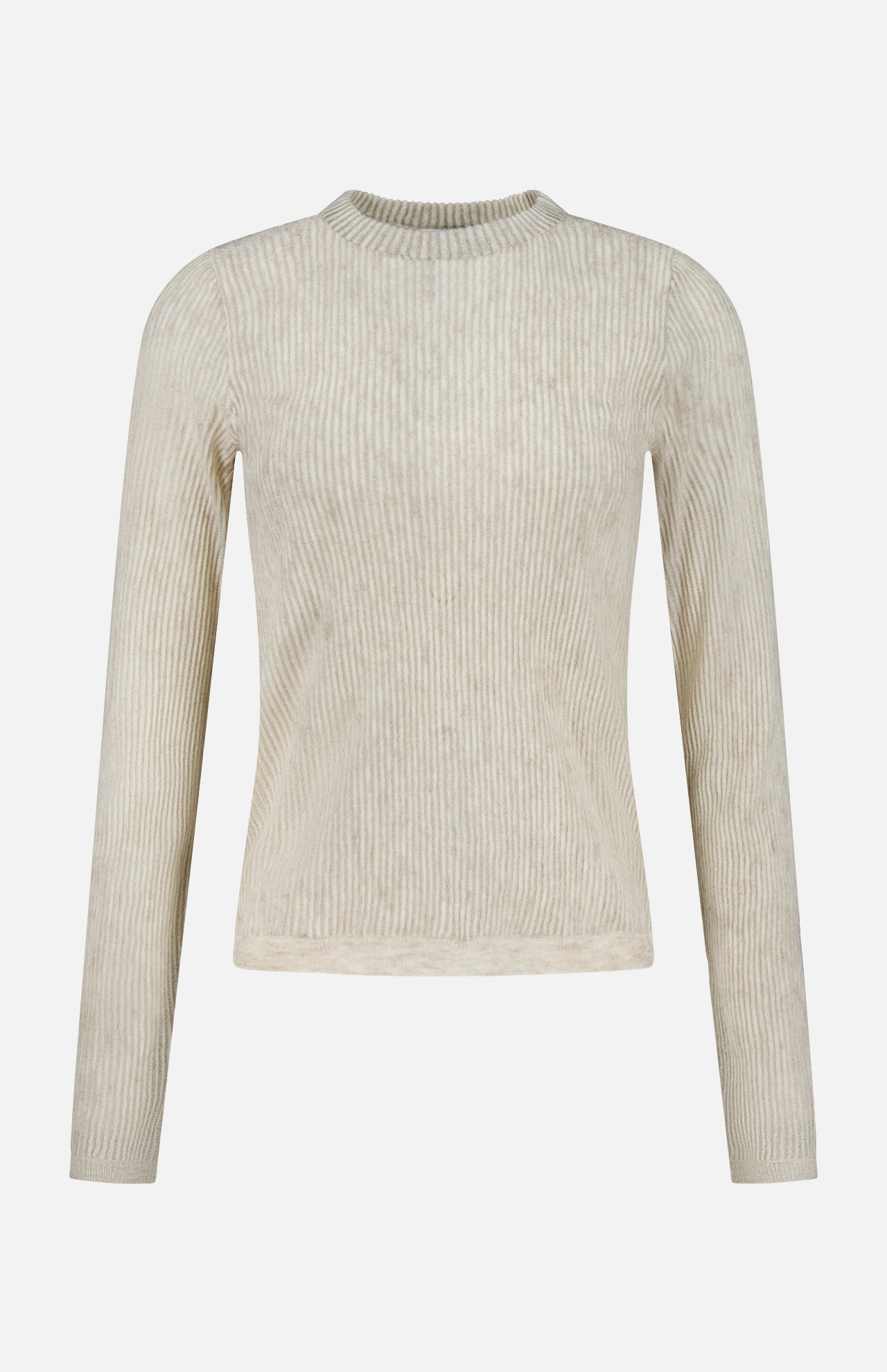 The Silk Knitted Lace Long Sleeve Shirt by BRUNELLO CUCINELLI is a fitted, long-sleeve top crafted in Italy from a luxurious blend of silk and alpaca wool. Displayed against a plain white background, this beige shirt features ribbed knit construction and a crew neckline, with no visible buttons or patterns to showcase its refined simplicity.