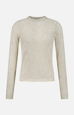 The Silk Knitted Lace Long Sleeve Shirt by BRUNELLO CUCINELLI is a fitted, long-sleeve top crafted in Italy from a luxurious blend of silk and alpaca wool. Displayed against a plain white background, this beige shirt features ribbed knit construction and a crew neckline, with no visible buttons or patterns to showcase its refined simplicity.