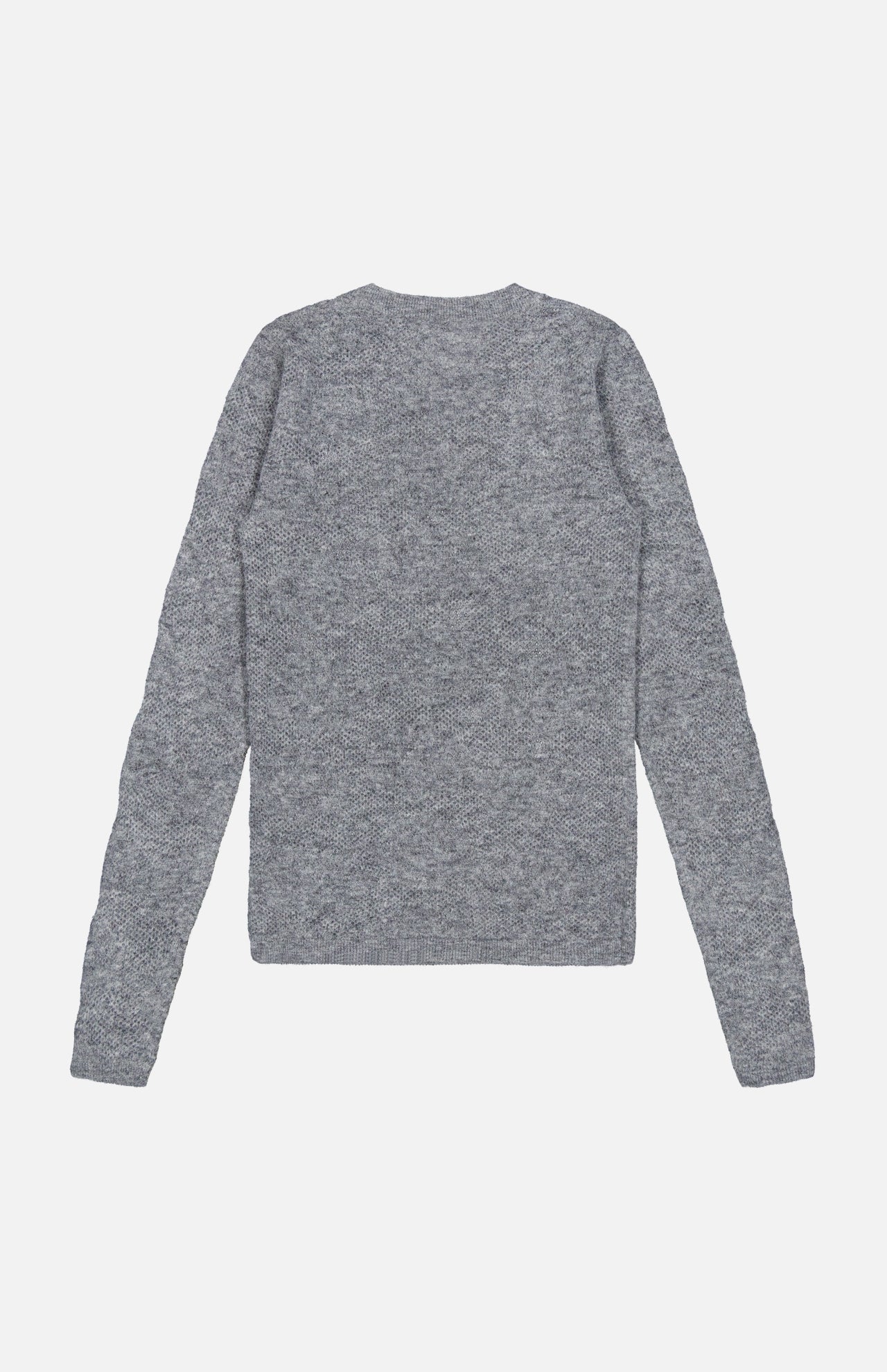 A BRUNELLO CUCINELLI Silk Knitted Long Sleeve Sweater in gray is laid flat with the back facing up, set against a plain white background.