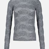 A fitted, long-sleeved grey silk knitted sweater by BRUNELLO CUCINELLI, featuring a subtle textured pattern, displayed on a plain white background.