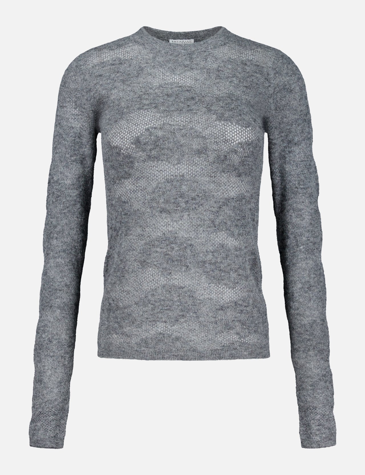A fitted, long-sleeved grey silk knitted sweater by BRUNELLO CUCINELLI, featuring a subtle textured pattern, displayed on a plain white background.