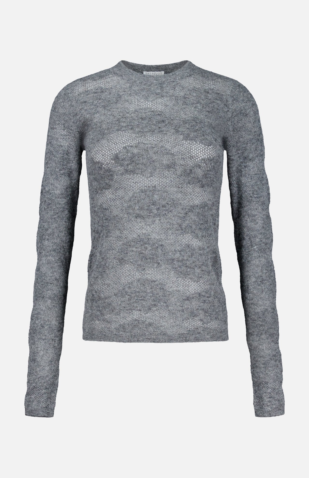 A fitted, long-sleeved grey silk knitted sweater by BRUNELLO CUCINELLI, featuring a subtle textured pattern, displayed on a plain white background.