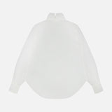 The Silk Long Sleeve Blouse by BRUNELLO CUCINELLI is displayed flat on a white background, shown from the back to highlight its high gathered neckline, curved hem, and buttoned cuffs.