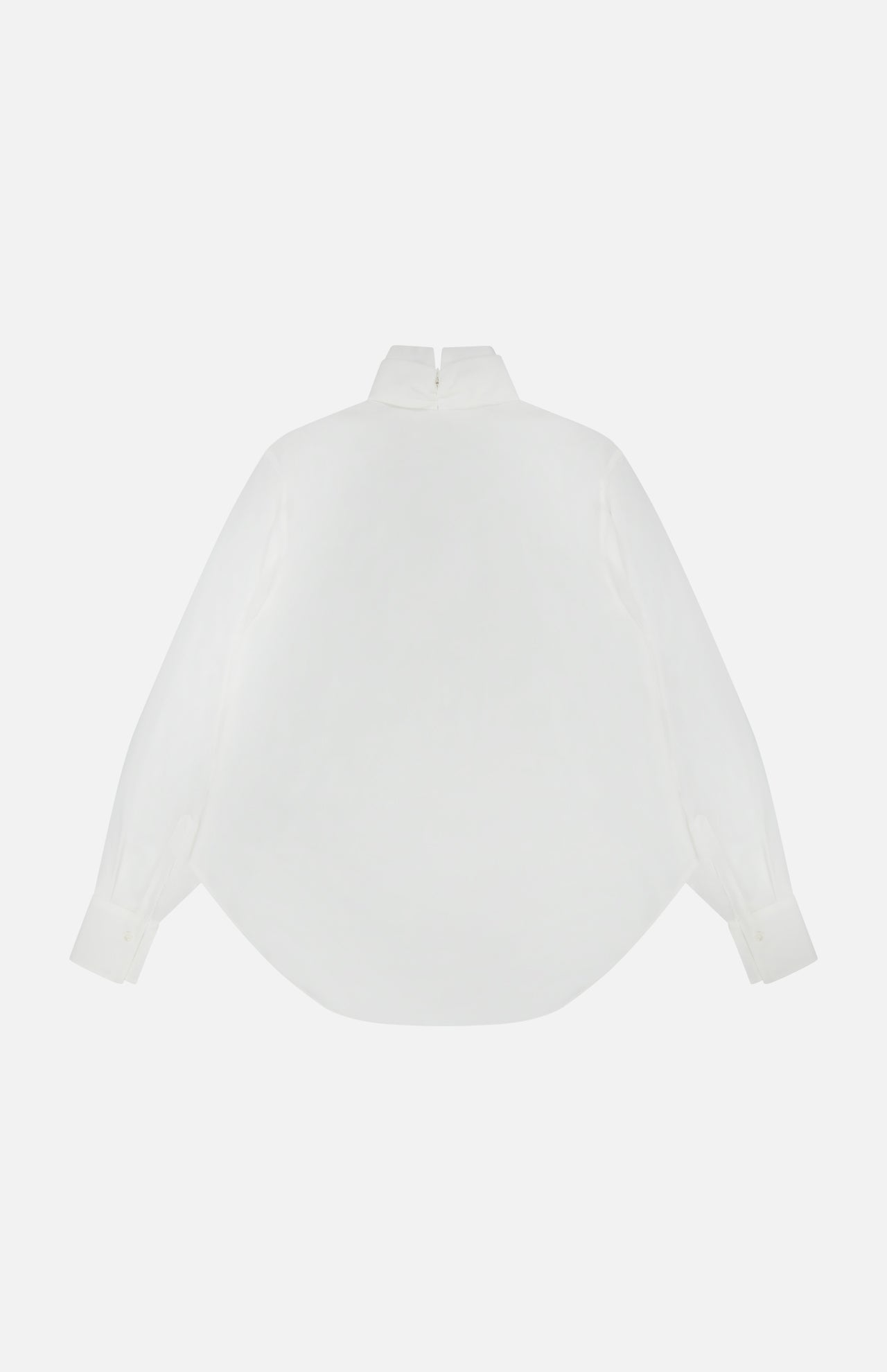 The Silk Long Sleeve Blouse by BRUNELLO CUCINELLI is displayed flat on a white background, shown from the back to highlight its high gathered neckline, curved hem, and buttoned cuffs.