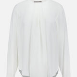 The BRUNELLO CUCINELLI Silk Long Sleeve Blouse features a high gathered neckline, elegant pleated front detail, and buttoned cuffs, while a decorative clasp at the neck adds a sophisticated touch to its flowy design.