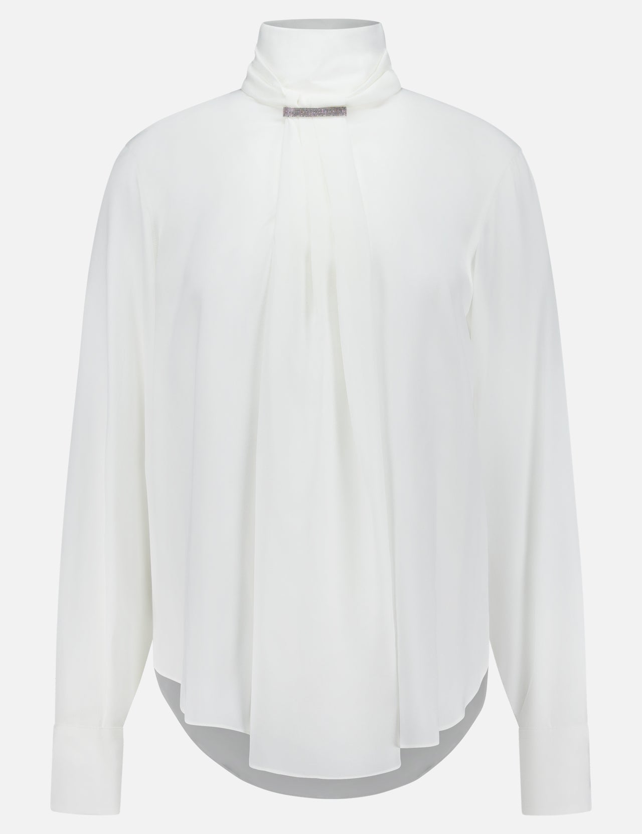 The BRUNELLO CUCINELLI Silk Long Sleeve Blouse features a high gathered neckline, elegant pleated front detail, and buttoned cuffs, while a decorative clasp at the neck adds a sophisticated touch to its flowy design.