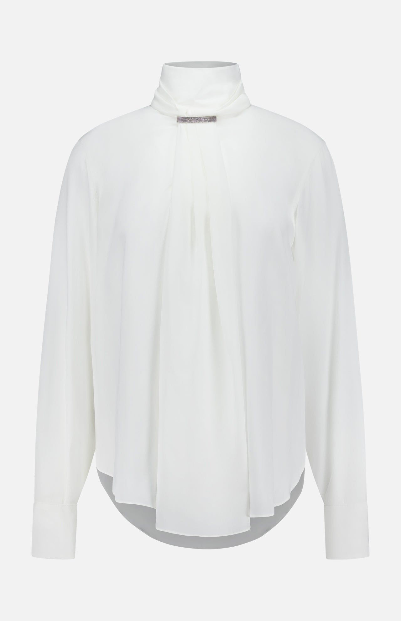 The BRUNELLO CUCINELLI Silk Long Sleeve Blouse features a high gathered neckline, elegant pleated front detail, and buttoned cuffs, while a decorative clasp at the neck adds a sophisticated touch to its flowy design.