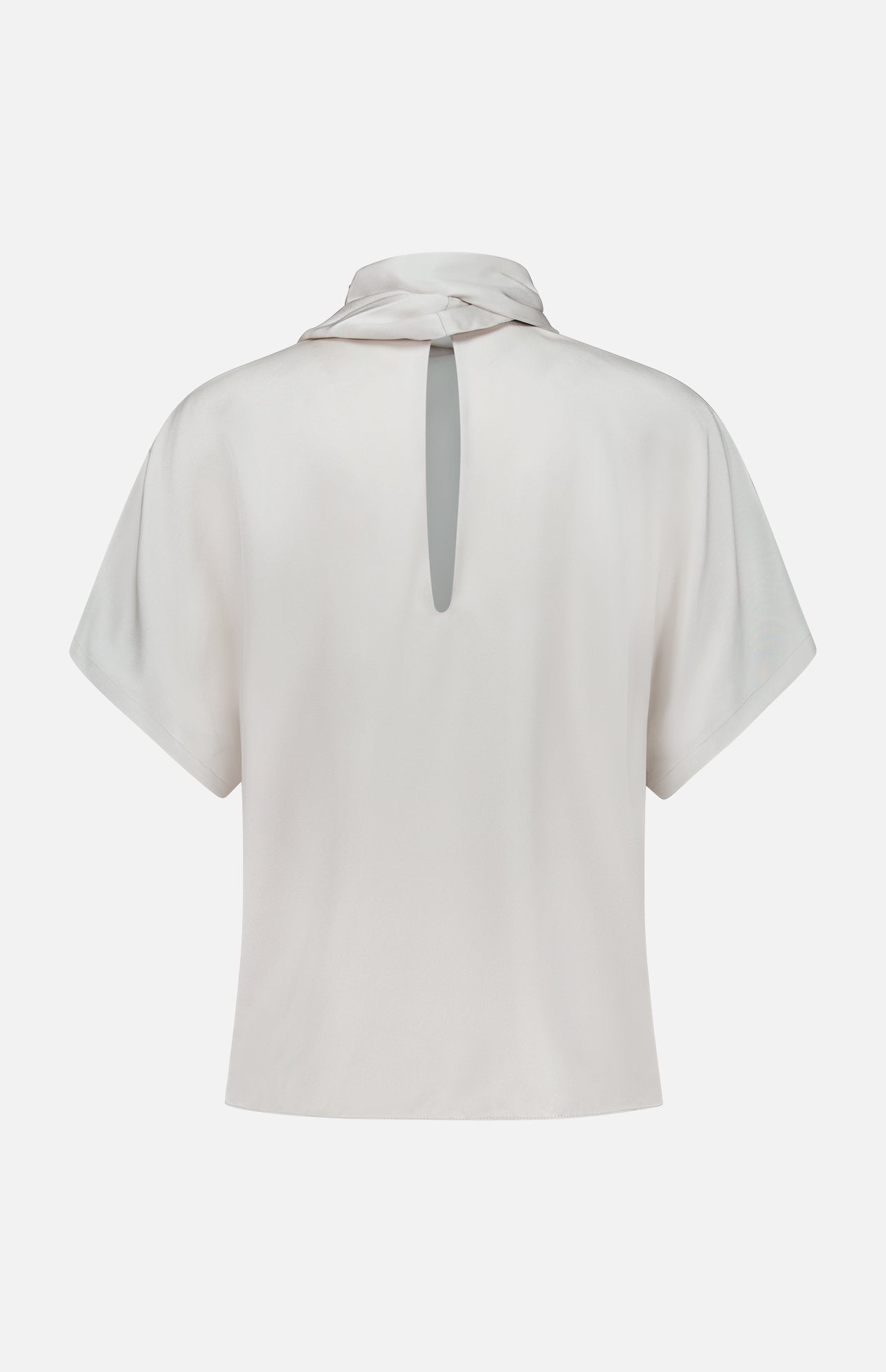 Back view of the BRUNELLO CUCINELLI Silk Satin Short Sleeve Blouse in light beige, featuring a high collar and keyhole opening at the upper back. The smooth silk satin fabric has a subtle sheen.