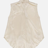 BRUNELLO CUCINELLI’s Silk Satin Tie Sleeveless Blouse, featuring a high neckline and back seam detail in a cream-colored satin, is laid flat on a white background.