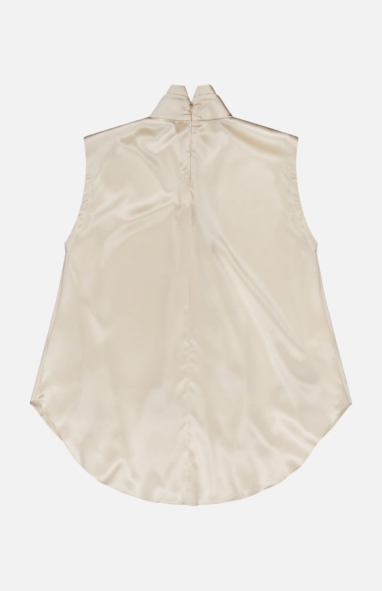 BRUNELLO CUCINELLI’s Silk Satin Tie Sleeveless Blouse, featuring a high neckline and back seam detail in a cream-colored satin, is laid flat on a white background.
