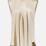 The Silk Satin Tie Sleeveless Blouse by BRUNELLO CUCINELLI features a high neckline and draped front in a sophisticated champagne silk, with loose, flowing fabric that offers effortless elegance. Refined monili embroidery accents subtly elevate this polished design.