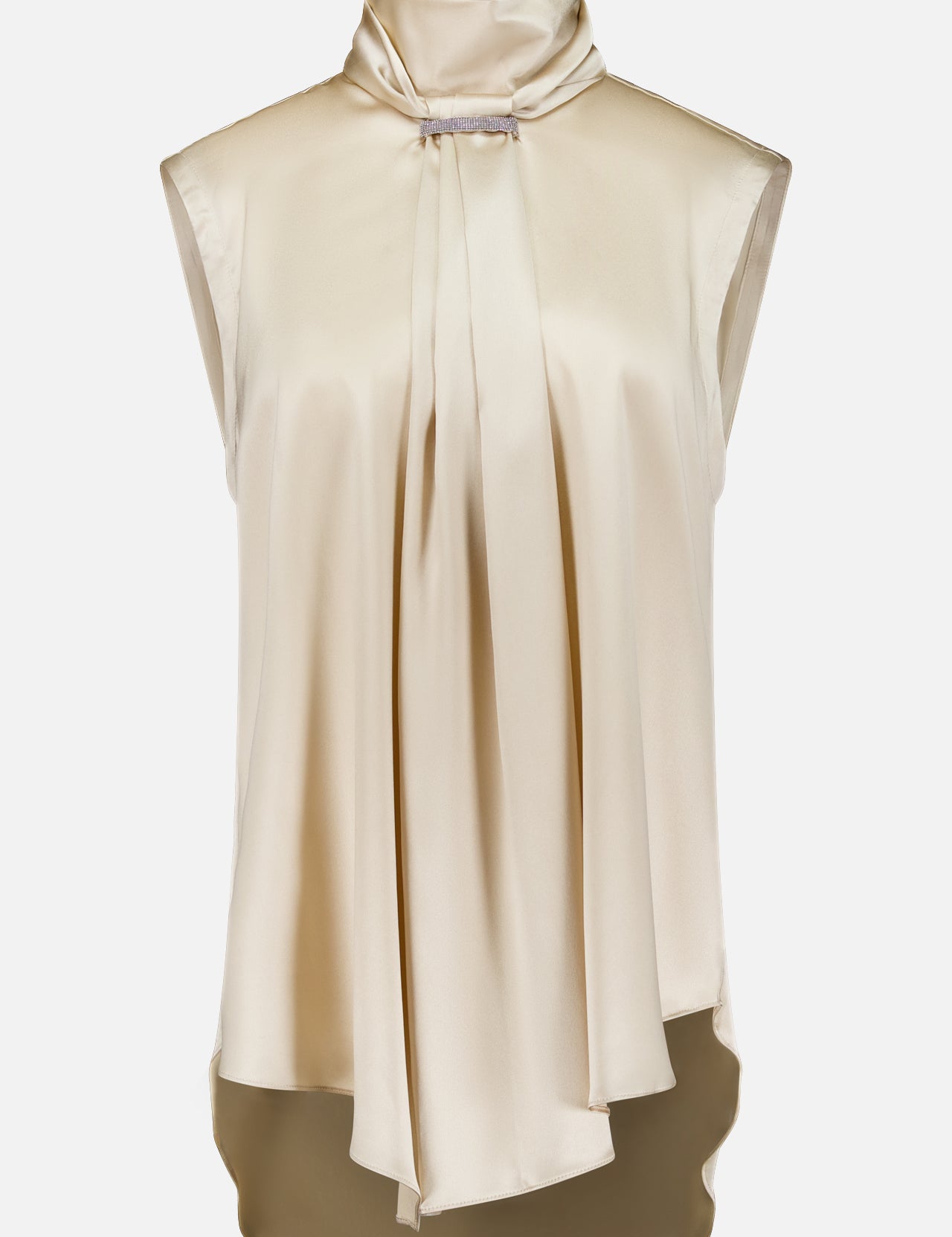 The Silk Satin Tie Sleeveless Blouse by BRUNELLO CUCINELLI features a high neckline and draped front in a sophisticated champagne silk, with loose, flowing fabric that offers effortless elegance. Refined monili embroidery accents subtly elevate this polished design.