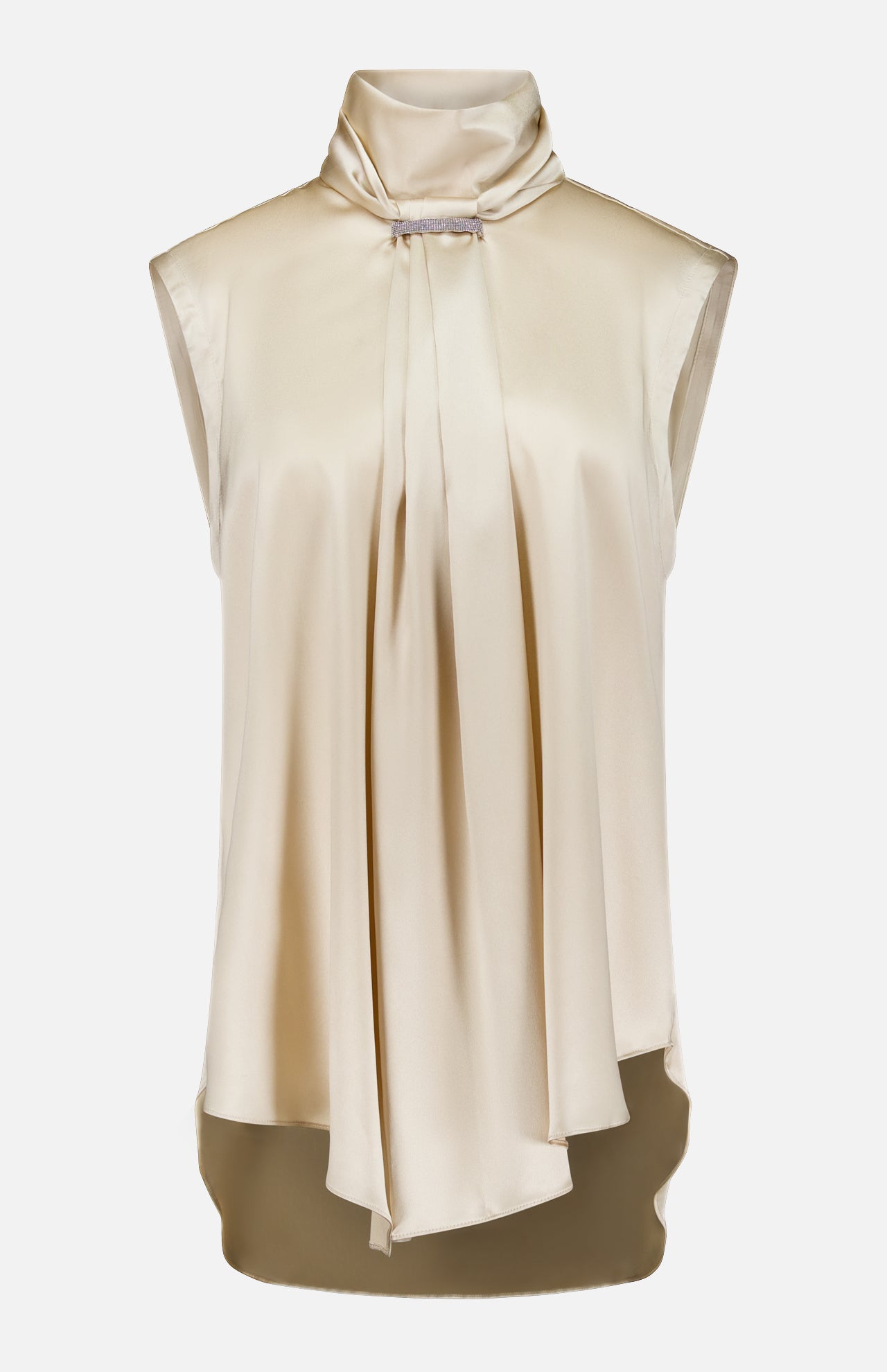The Silk Satin Tie Sleeveless Blouse by BRUNELLO CUCINELLI features a high neckline and draped front in a sophisticated champagne silk, with loose, flowing fabric that offers effortless elegance. Refined monili embroidery accents subtly elevate this polished design.