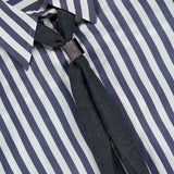 Brunello Cucinelli Silk Striped Refined Western Blouse in navy and white vertical stripes, worn with a dark grey necktie fastened by a small metallic clip and Mother of Pearl buttons.
