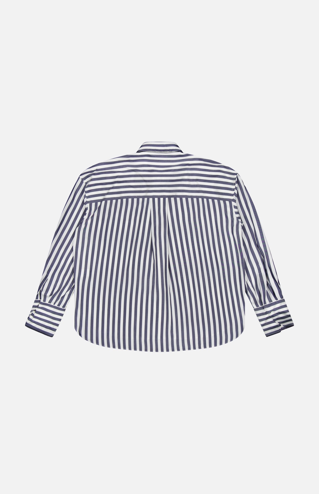Back view of a Brunello Cucinelli Silk Striped Refined Western Blouse featuring navy and white vertical stripes and Mother of Pearl buttons.
