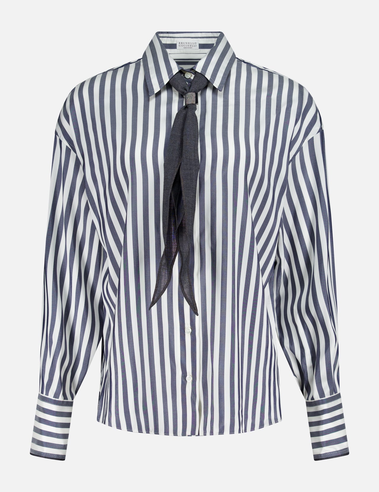 Brunello Cucinelli Silk Striped Refined Western Blouse: long-sleeved silk blouse with vertical blue and white stripes, featuring a pointed, removable collar, Mother of Pearl buttons, and a dark neck tie detail.