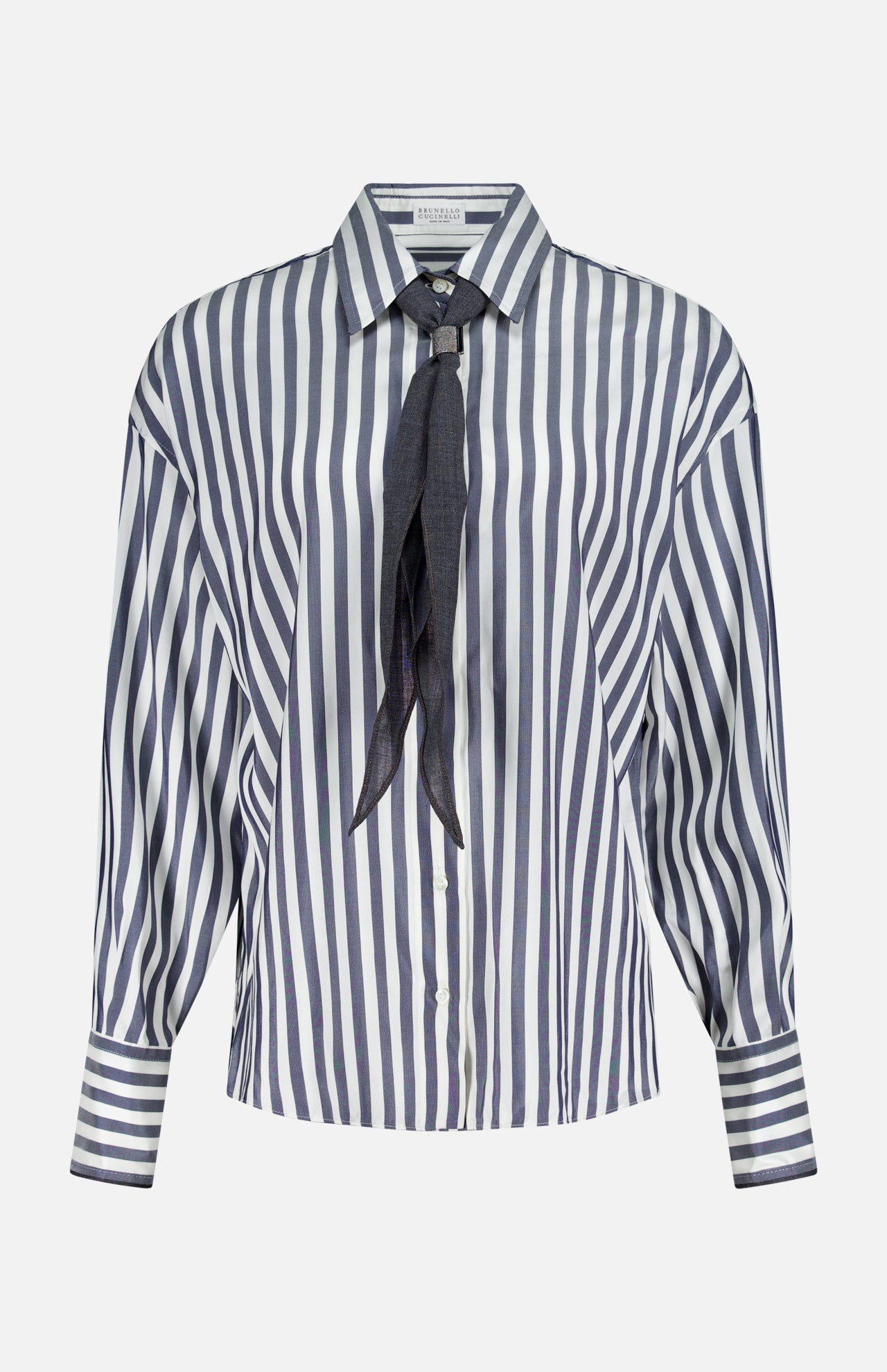 Brunello Cucinelli Silk Striped Refined Western Blouse: long-sleeved silk blouse with vertical blue and white stripes, featuring a pointed, removable collar, Mother of Pearl buttons, and a dark neck tie detail.