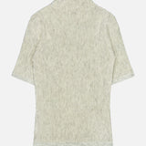 The BRUNELLO CUCINELLI Silk Wool Rib Mockneck Top, shown in a subtle pearl hue with light gray ribbing and short sleeves, is displayed flat on a white background with the back side facing up, embodying an understated sense of quiet luxury.
