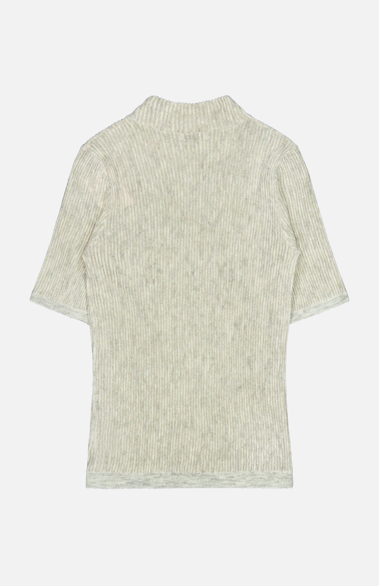 The BRUNELLO CUCINELLI Silk Wool Rib Mockneck Top, shown in a subtle pearl hue with light gray ribbing and short sleeves, is displayed flat on a white background with the back side facing up, embodying an understated sense of quiet luxury.