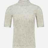 A light grey Silk Wool Rib Mockneck Top by BRUNELLO CUCINELLI, featuring short sleeves and a ribbed knit design with a mock neck, is showcased against a plain white background—this pearl tone piece perfectly embodies quiet luxury.