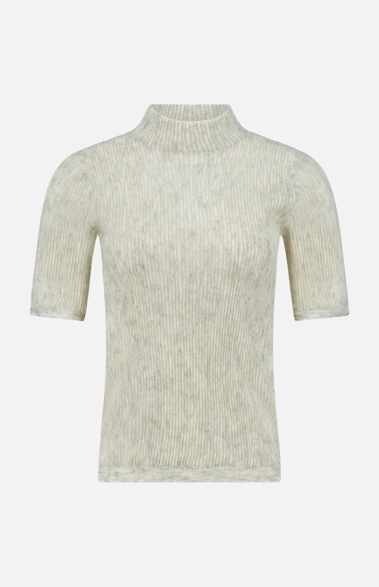 A light grey Silk Wool Rib Mockneck Top by BRUNELLO CUCINELLI, featuring short sleeves and a ribbed knit design with a mock neck, is showcased against a plain white background—this pearl tone piece perfectly embodies quiet luxury.