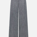 The Sparkling Herringbone Loose Pleated Pant by BRUNELLO CUCINELLI features a wide-leg silhouette in silver-grey wool with a subtle herringbone texture, high waist, front pleats, and belt loops. Expertly crafted in Italy, these pants offer timeless sophistication and are elegantly displayed on a white background.