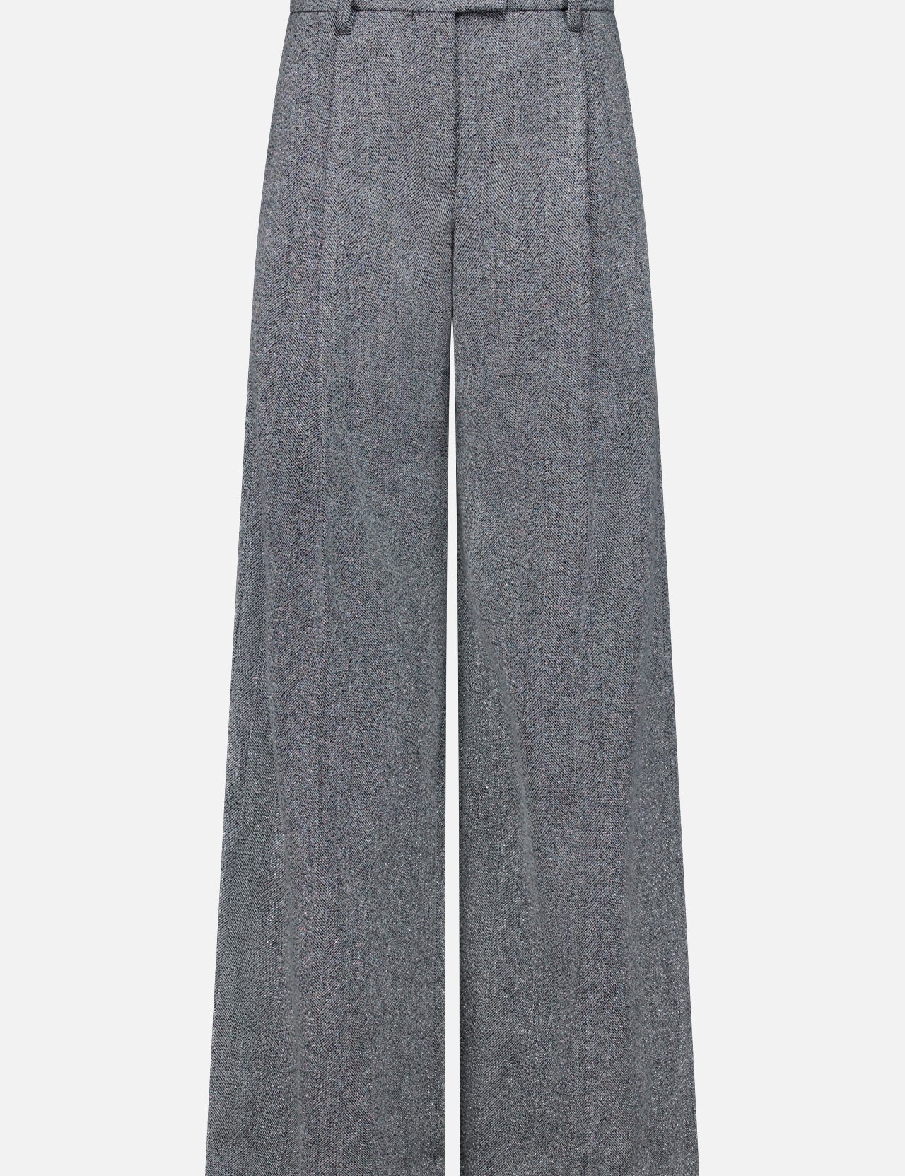 The Sparkling Herringbone Loose Pleated Pant by BRUNELLO CUCINELLI features a wide-leg silhouette in silver-grey wool with a subtle herringbone texture, high waist, front pleats, and belt loops. Expertly crafted in Italy, these pants offer timeless sophistication and are elegantly displayed on a white background.