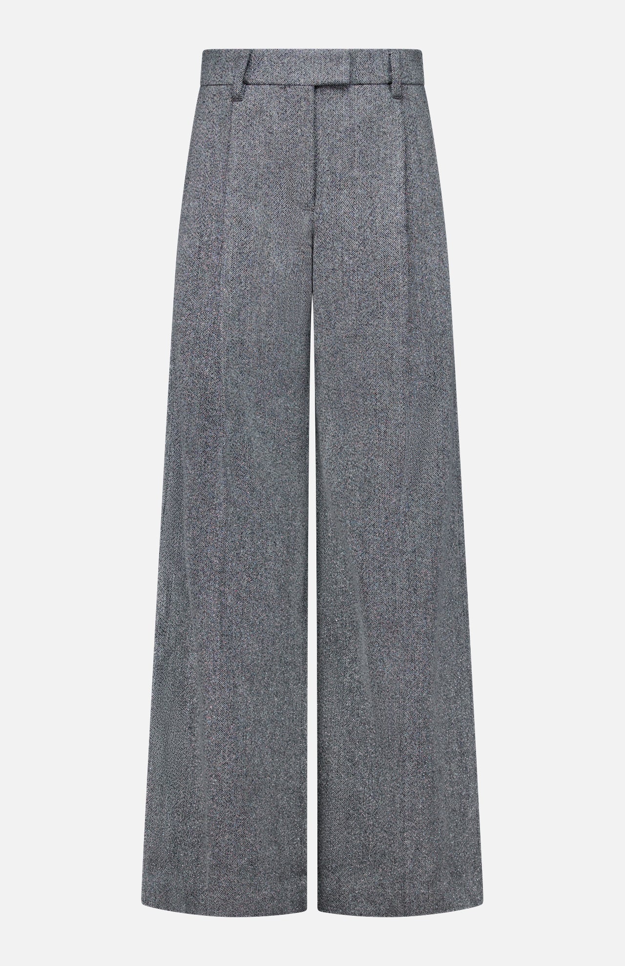 The Sparkling Herringbone Loose Pleated Pant by BRUNELLO CUCINELLI features a wide-leg silhouette in silver-grey wool with a subtle herringbone texture, high waist, front pleats, and belt loops. Expertly crafted in Italy, these pants offer timeless sophistication and are elegantly displayed on a white background.