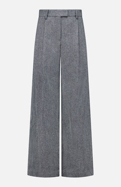 The Sparkling Herringbone Loose Pleated Pant by BRUNELLO CUCINELLI features a wide-leg silhouette in silver-grey wool with a subtle herringbone texture, high waist, front pleats, and belt loops. Expertly crafted in Italy, these pants offer timeless sophistication and are elegantly displayed on a white background.