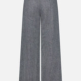 Back view of the BRUNELLO CUCINELLI Sparkling Herringbone Loose Pleated Pant in silver-grey, featuring wide-leg silhouette, belt loops, and two back pockets; made in Italy and displayed against a white background.
