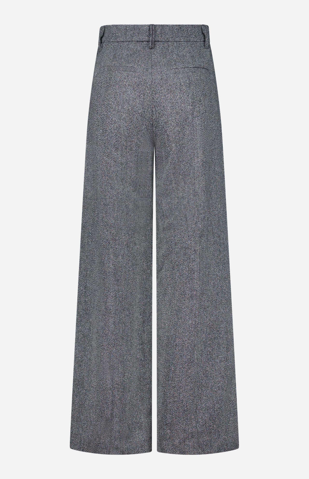 Back view of the BRUNELLO CUCINELLI Sparkling Herringbone Loose Pleated Pant in silver-grey, featuring wide-leg silhouette, belt loops, and two back pockets; made in Italy and displayed against a white background.