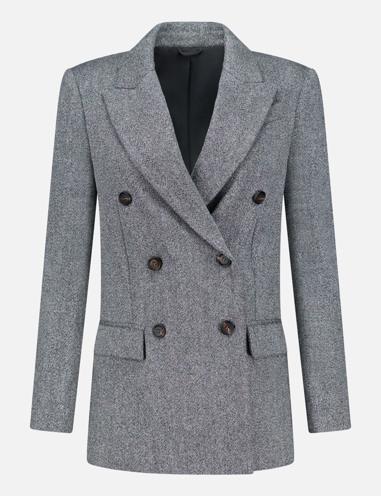 The Sparkling Wool Herringbone Blazer by BRUNELLO CUCINELLI features a double-breasted design in gray wool with a classic herringbone pattern, black buttons, notched lapels, flap pockets, and long sleeves, displayed against a plain white background.