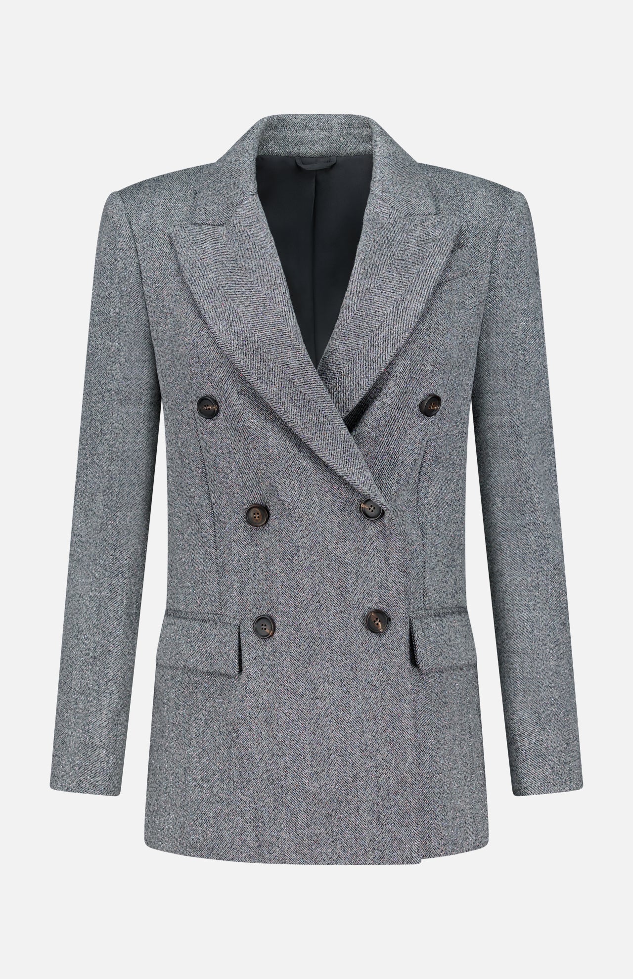 The Sparkling Wool Herringbone Blazer by BRUNELLO CUCINELLI features a double-breasted design in gray wool with a classic herringbone pattern, black buttons, notched lapels, flap pockets, and long sleeves, displayed against a plain white background.