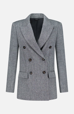 The Sparkling Wool Herringbone Blazer by BRUNELLO CUCINELLI features a double-breasted design in gray wool with a classic herringbone pattern, black buttons, notched lapels, flap pockets, and long sleeves, displayed against a plain white background.