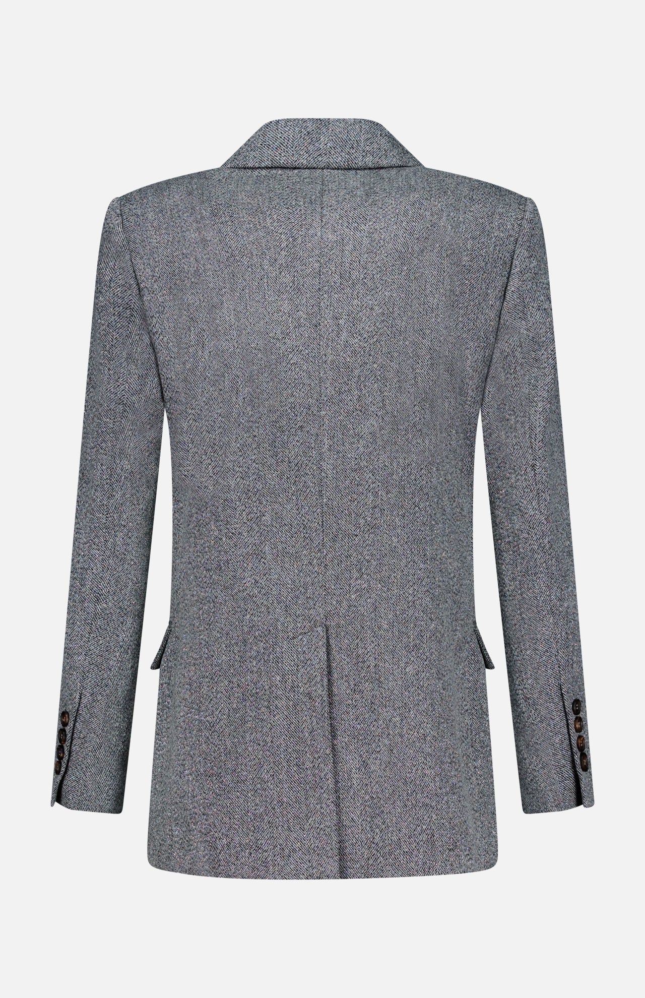 The Sparkling Wool Herringbone Blazer by BRUNELLO CUCINELLI is displayed from the back, showcasing its gray textured wool herringbone fabric, long sleeves, notched collar, two back seams, side vents, and cuff button details against a plain white background.