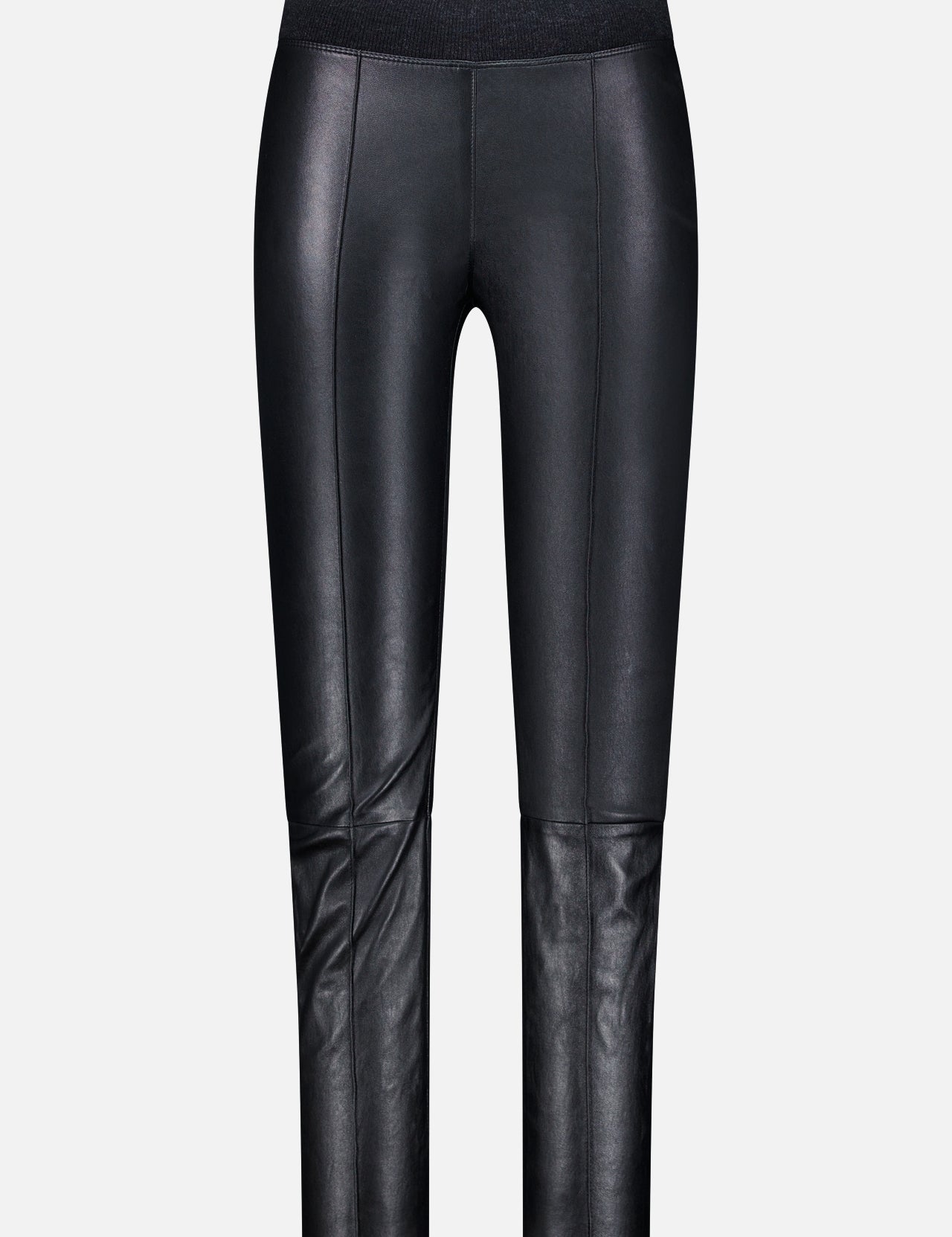 The BRUNELLO CUCINELLI Stretch Leather Legging features a high waist and seam detailing down the front and across the knees, crafted in classic black faux leather. Displayed against a plain light gray background, these leggings effortlessly elevate your womenswear wardrobe with their perfect blend of comfort and style.